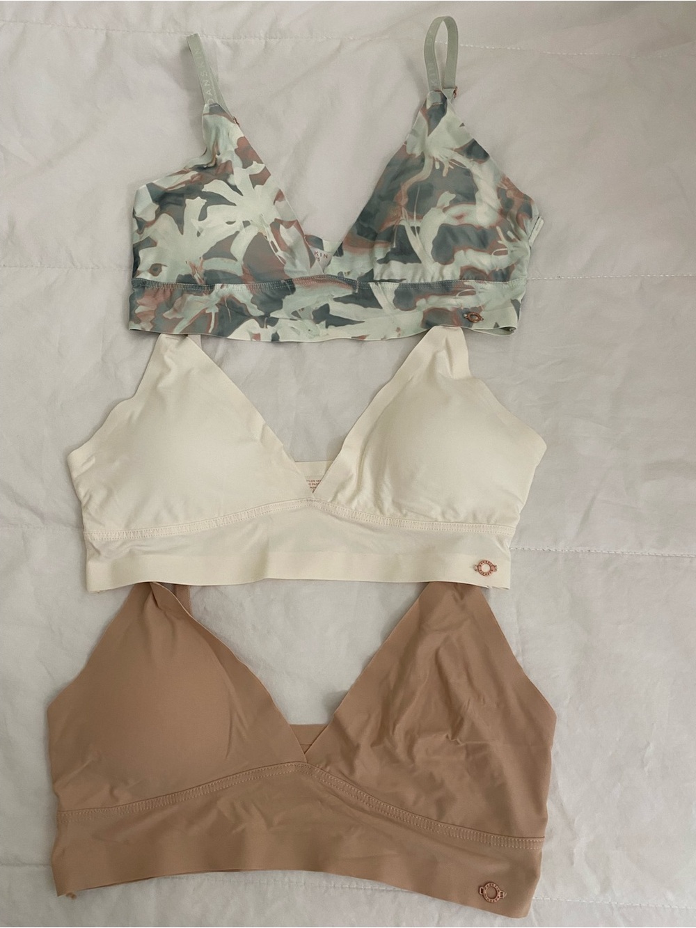 Danskin 3 Pack Soft Bralette Set - Sage Print, Cream, Taupe